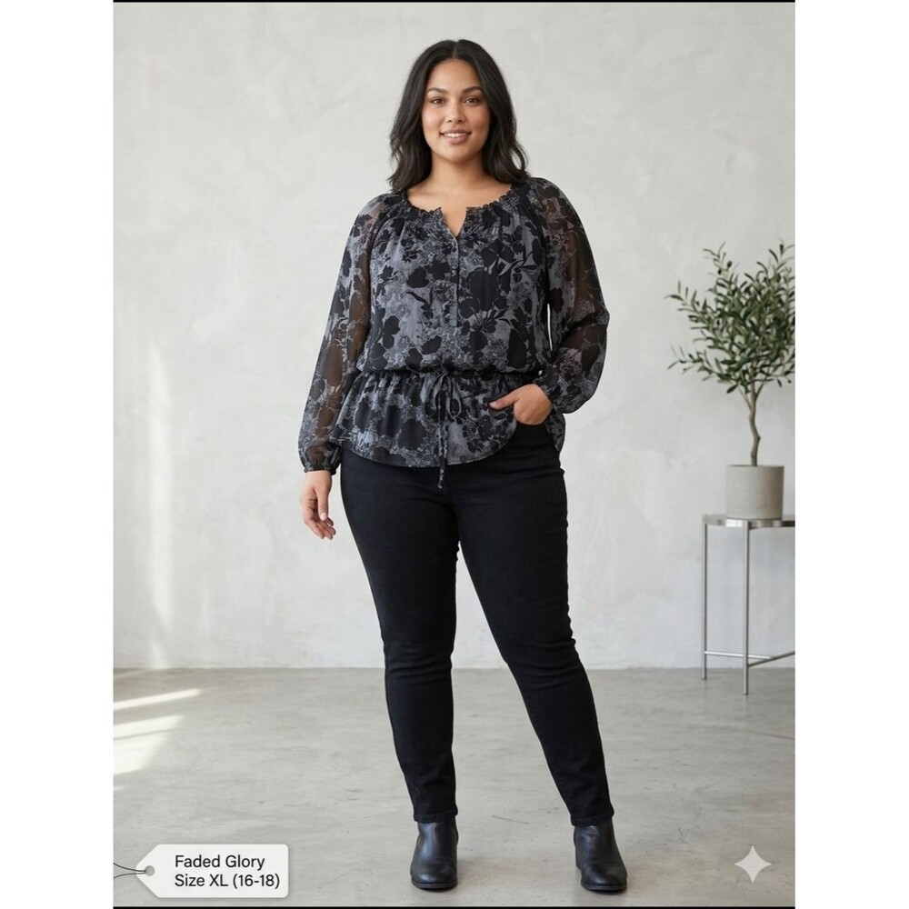 Faded Glory Floral Smocked Drawstring Blouse XL (16-18) Black Combo Boho Chic